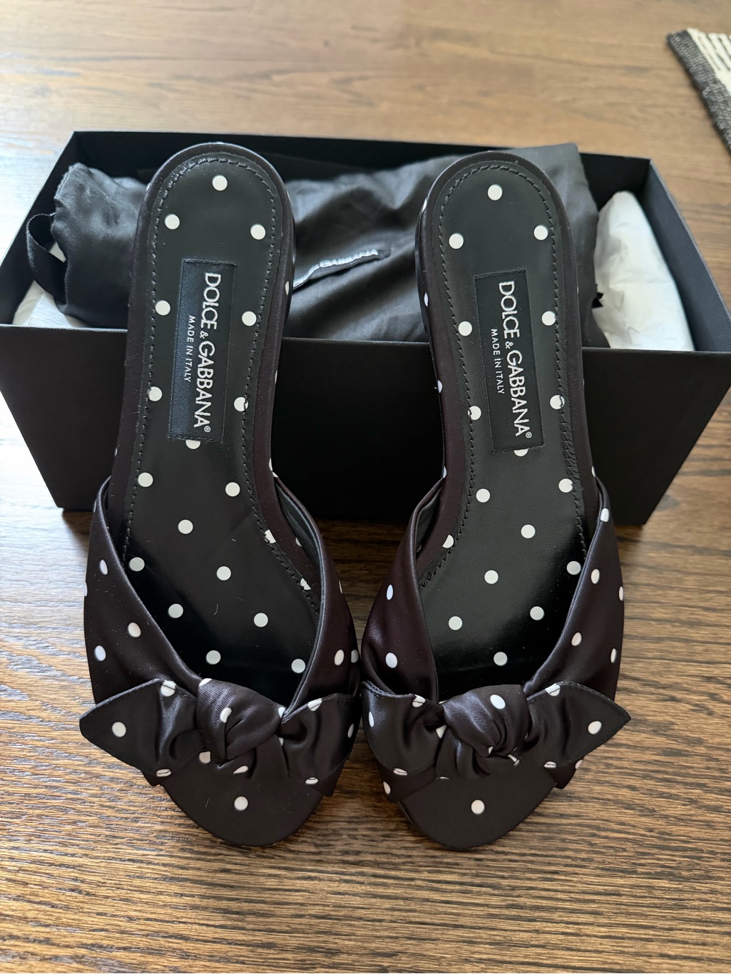 Dolce & Gabbana Brown Satin Polka Dot Knot Mules